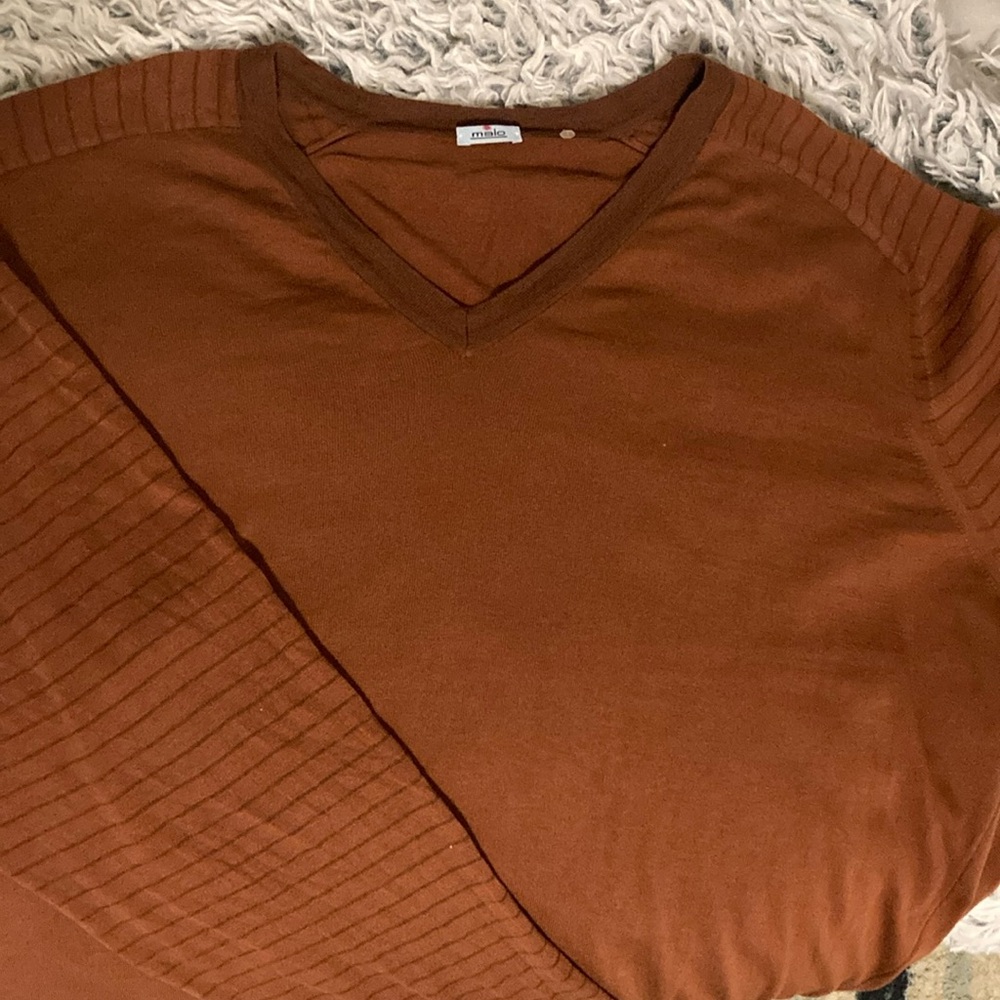 Malo Brown V-Neck Shirt with Long Sleeve stripped  Detailing - Picture 4 of 7